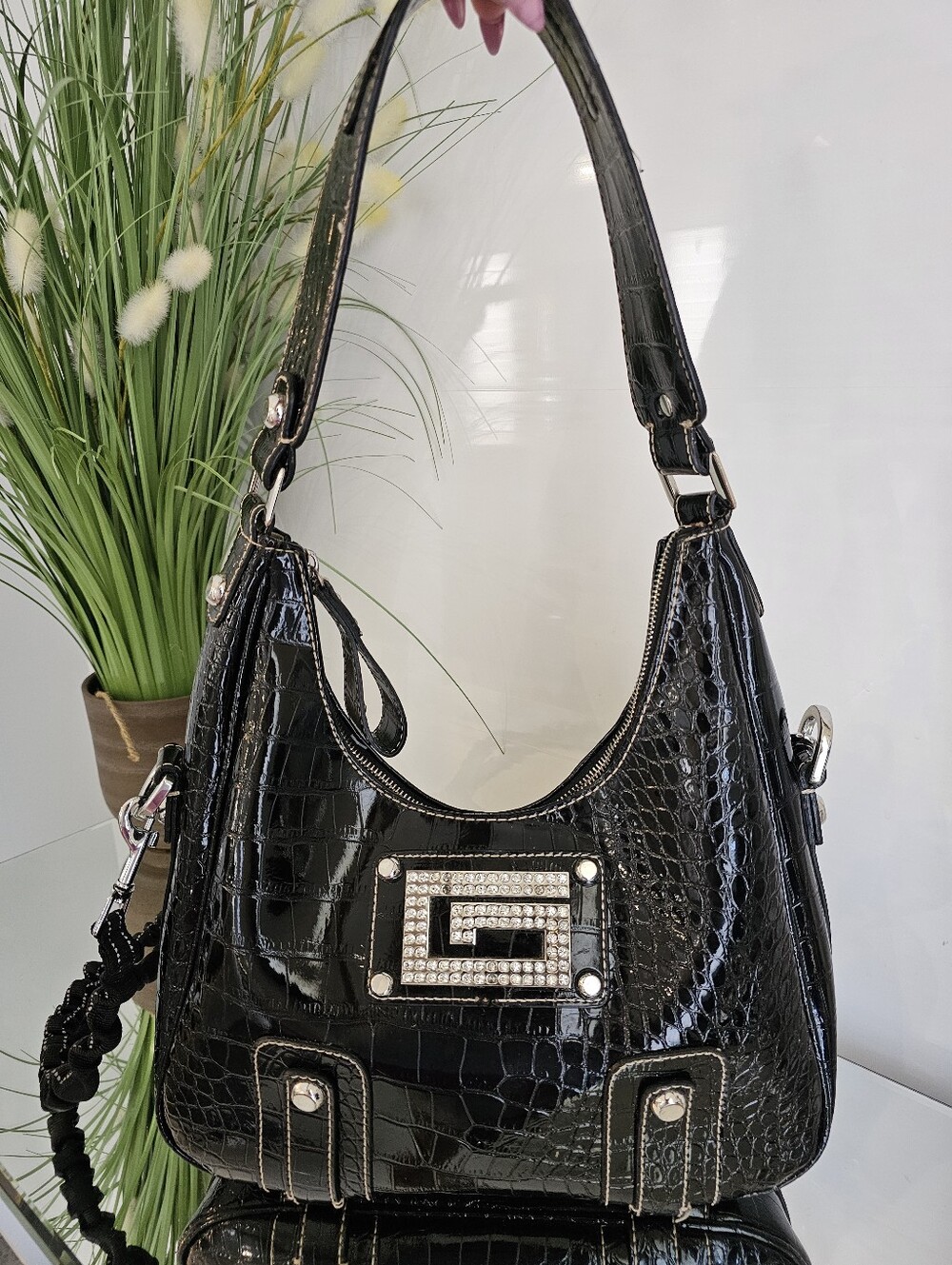 Guess Y2K  Black Croc-Embossed Shoulder Bag with Rhinestone G Plaque